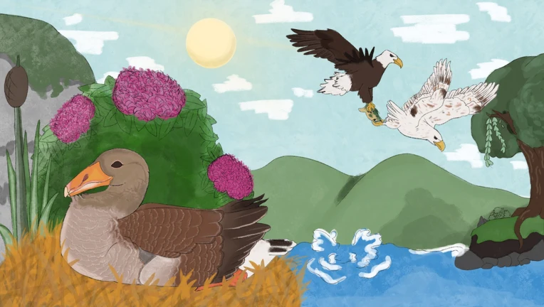 A goose sitting on a straw nest in the official Broodwing valley key art
